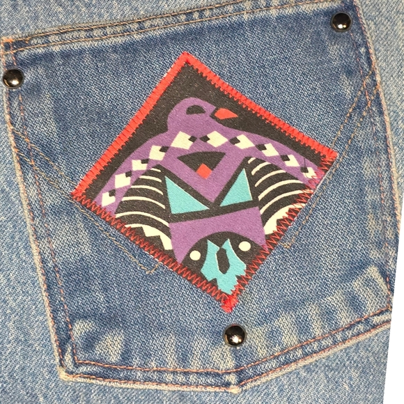 Men's Denim and Black Jacket with Colorful Patterns - Picture 4 of 7